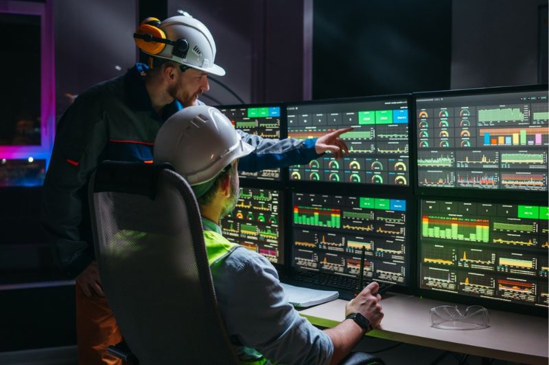 Como fazer a otimização de processos industriais? Técnicos realizando controle de processos industriais em sala de monitoramento