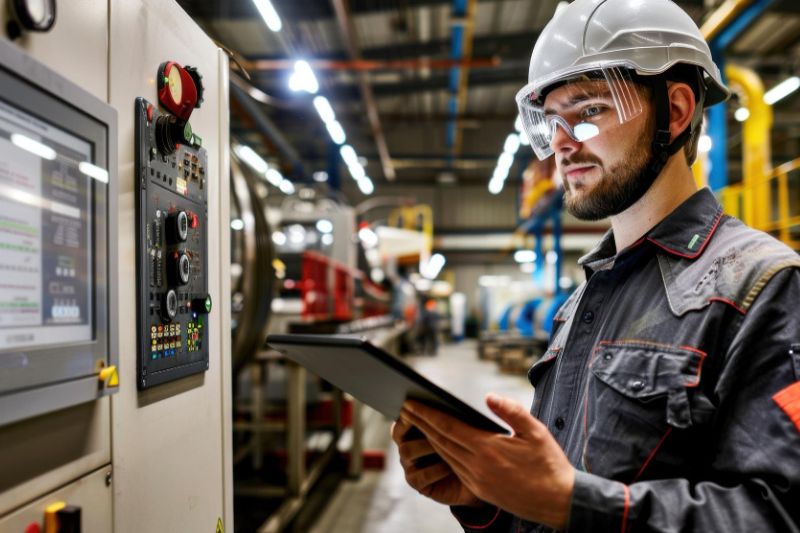 Sensores industriais: como funcionam, tipos e importância Operador em interior de indústria observando painel eletrônico de equipamento industrial