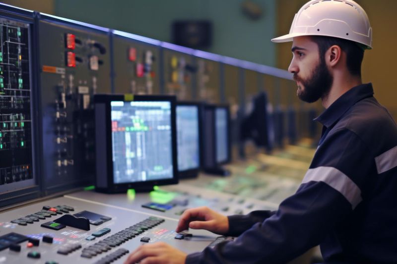 Conectividade na linha de produção industrial: como fazer? Controlador de linha de produção em frente a central de comandos