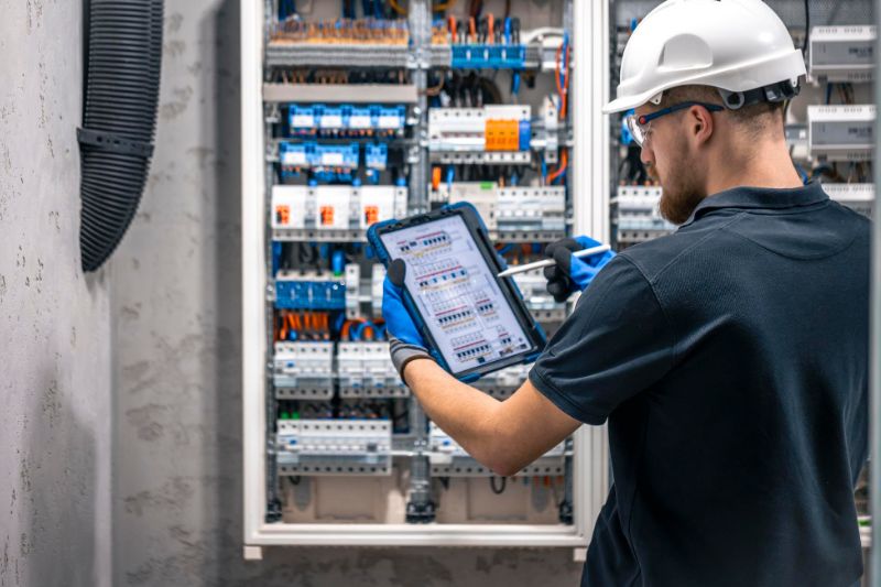 Um eletricista trabalhando em um painel elétrico segurando um tablet com luvas e um capacete branco em um ambiente industrial para configurar um inversor de frequência