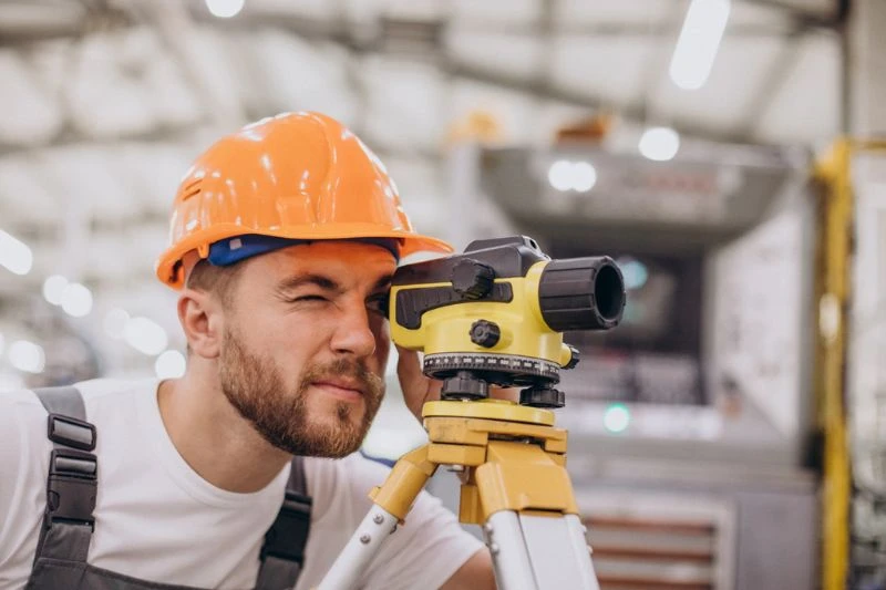 Como fazer inspeção visual na indústria? Homem usando teodolito em um ambiente de construção.