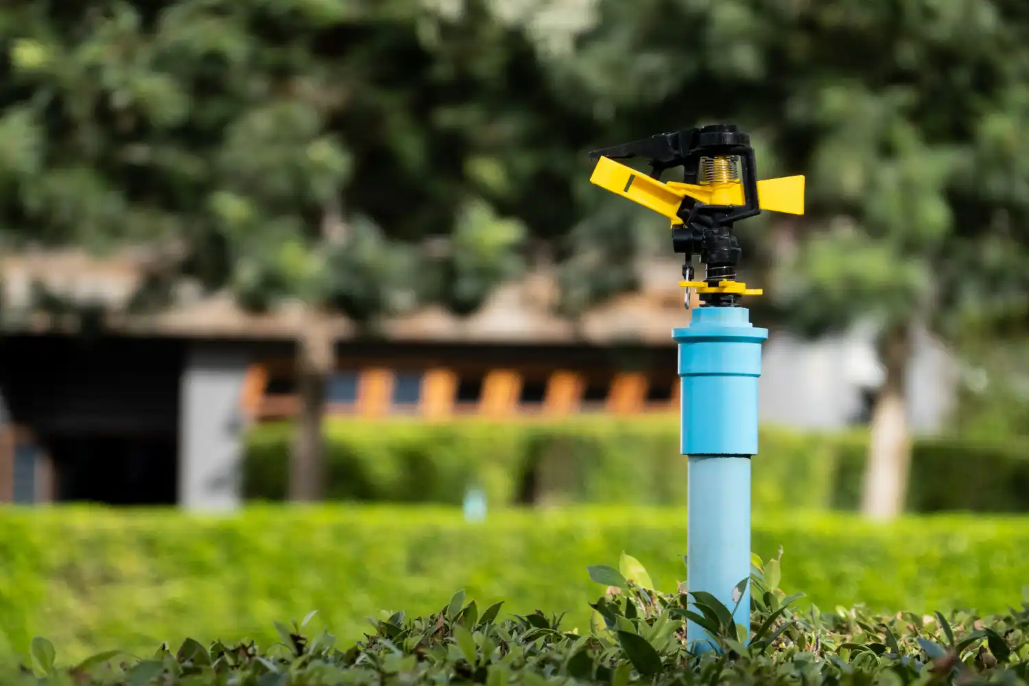 Sistema de irrigação automatizado instalado em jardim, com irrigador que controla a irrigação de forma eficiente e programada para manutenção de plantas.